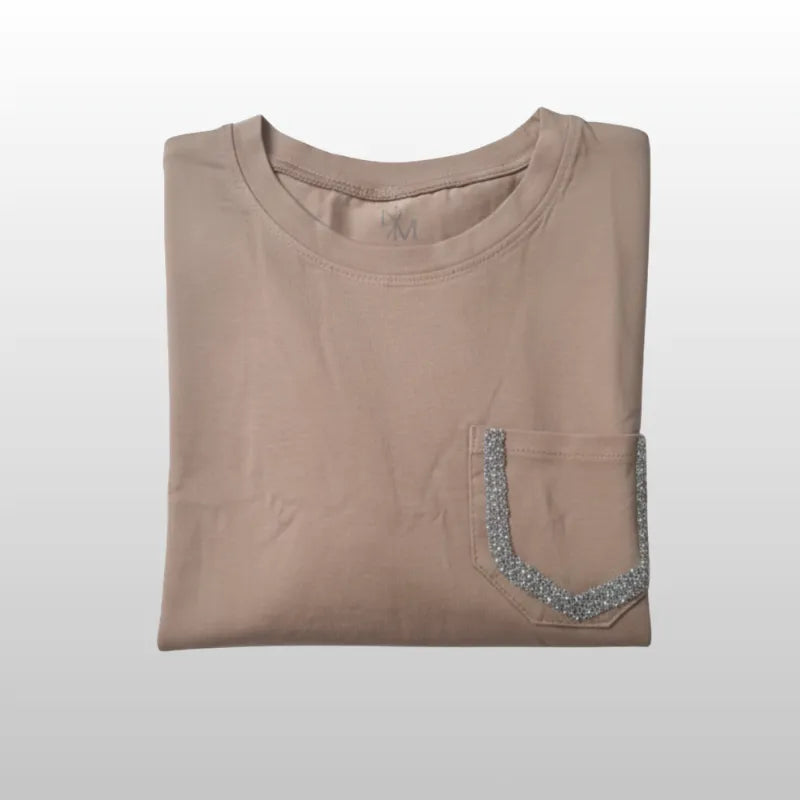 Camiseta Beige Pocket Glam Bolsillo Brillante